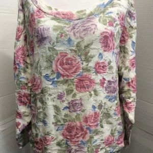 Vintage pink & purple roses boat neck sweater